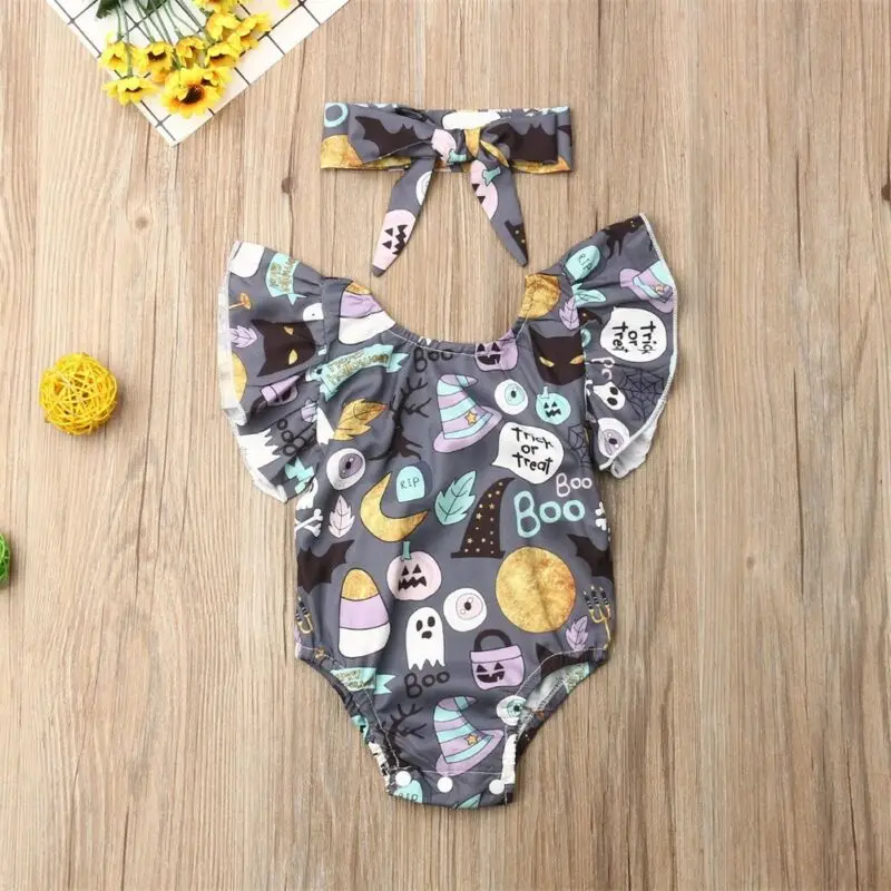 Goocheer 2019 Baby Newborn Boy Girl Infant Halloween Cartoon Print Jumpsuit Fly Sleeve Bodysuit Clothes Outfit Headband Costume