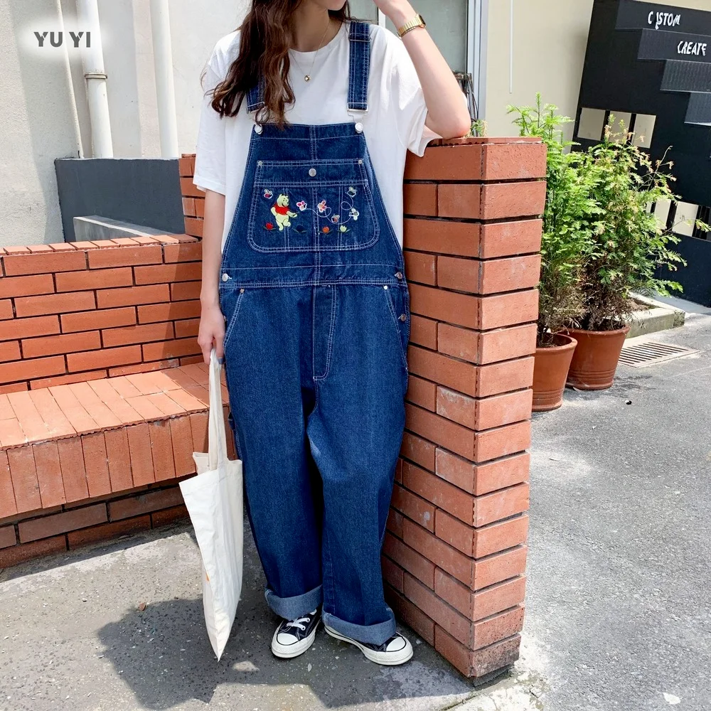 Women's Spring 2021 Korean Version of The Overalls Loose Straight Wild Bear Cartoon Embroidery Strap Jeans Women