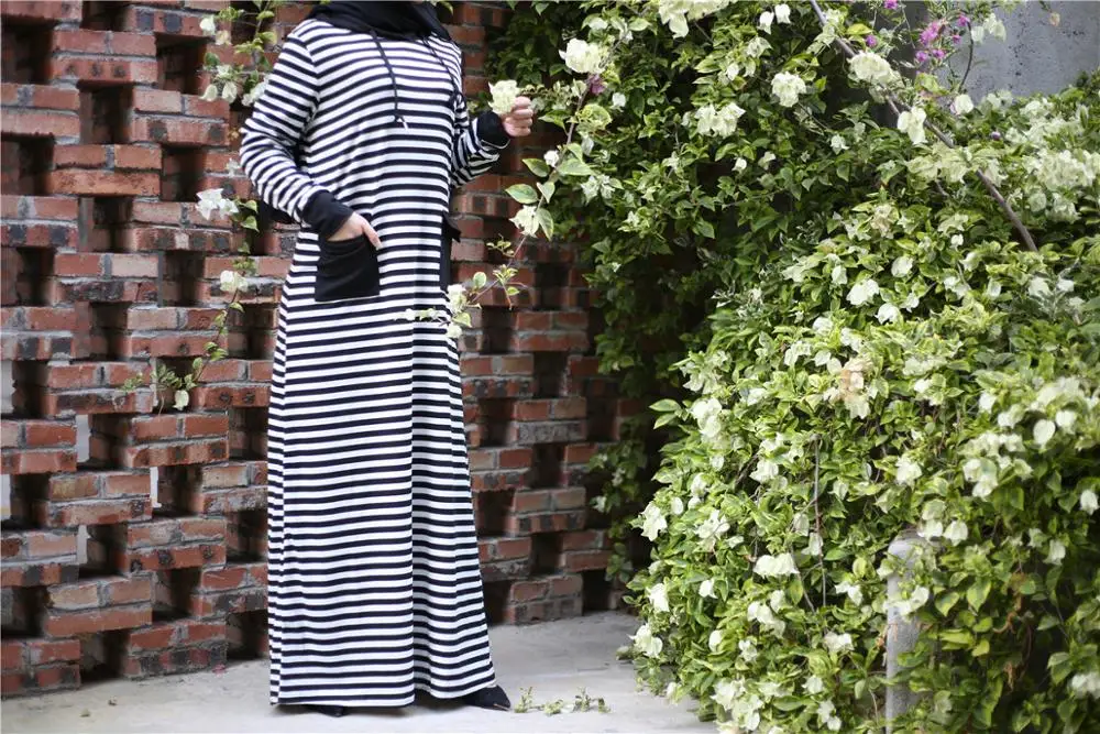 Макси платье абайя в мусульманскую полоску Свободный кардиган с капюшоном