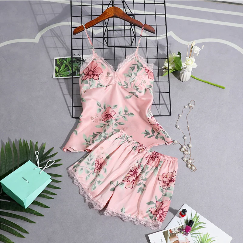 Pink 2pcs Пижамы, женские пижамы, наборы, Feamale, одежда для сна, камзол, женские халаты, пижамы, женская ночная рубашка, babydolls, нижнее белье, сексуальная пижама с цветочным рисунком - Цвет: Pink 2pcs