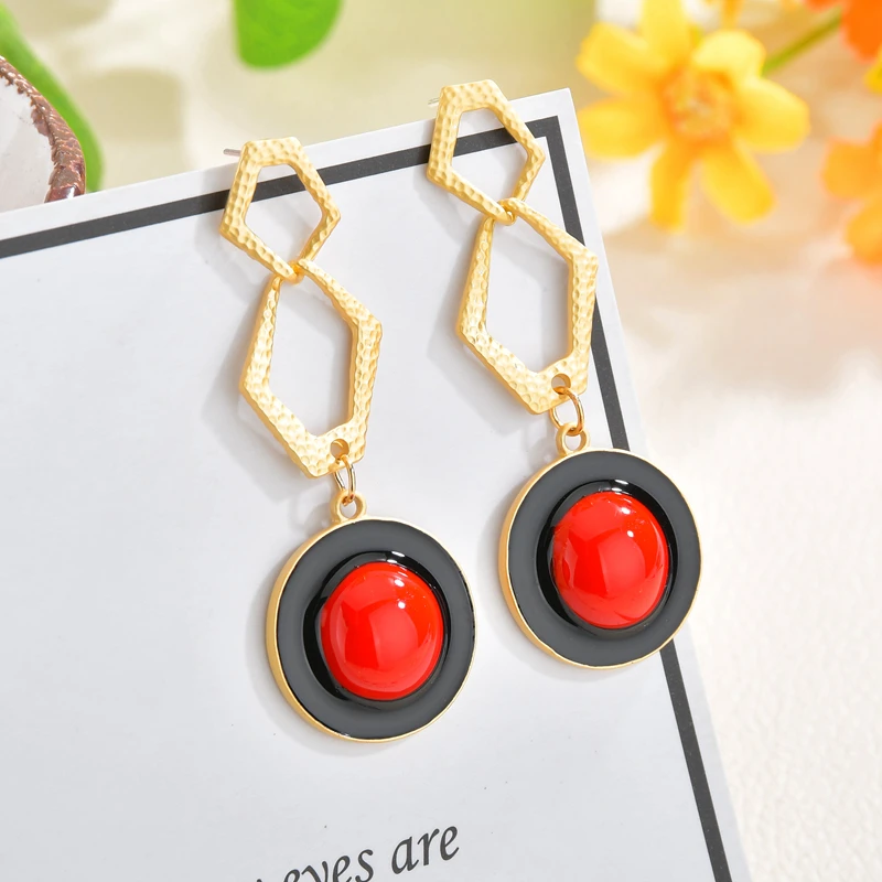 

Red Drop Earrings For Women Round Dangle Earring Wedding Jewelry Irregular Geometric Long Drop Earrings Gold Jewelry Statement