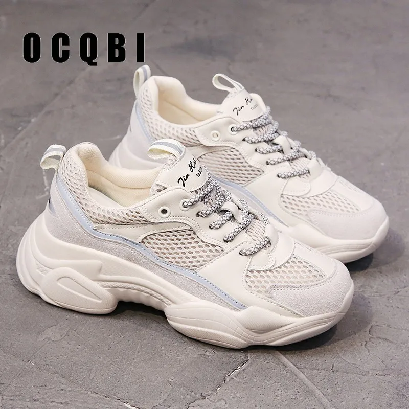 Mujer Spring New Breathable Women's Platform Chunky Sneakers Tenis Plataforma Hollow Lace-Up Flat Thick Sole Shoes