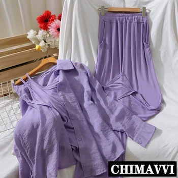 

Three-Piece Trousers Set Women New Summer Solid Color Loose Cardigan Shirt + Suspender + Slit Elastic Waist Wide Leg Pants Femme