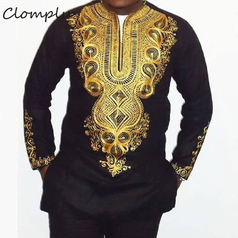 

Clomplu Printed African Clothes Dashiki Autumn Long Traditional African Clothing Men Black White Plus Size Shirt