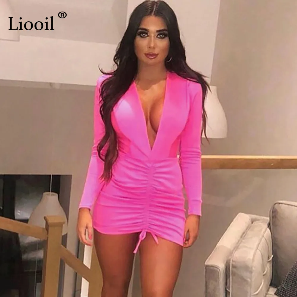 Liooil, сексуальное облегающее мини-платье с рюшами, Осень-зима, с длинным рукавом, v-образный вырез, на шнуровке, облегающие, облегающие, женские вечерние платья для ночного клуба