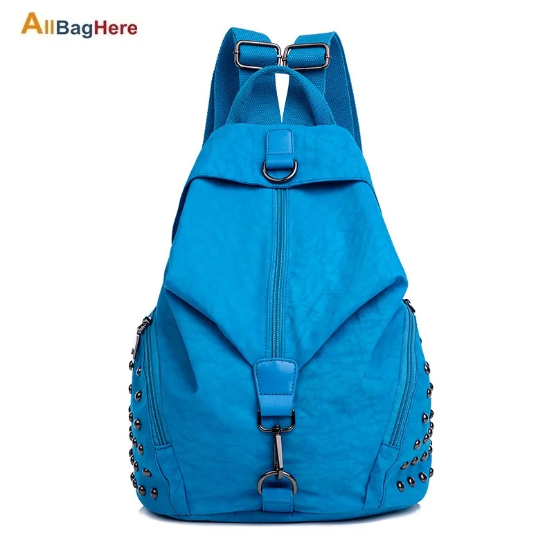 Водонепроницаемый нейлоновый рюкзак для плеч, модная спортивная школьная сумка для средней школы, женские модели, Одноцветный рюкзак с заклепками для коротких поездок - Цвет: Sky blue