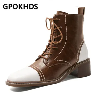 

GPOKHDS 2021 women soft ankle boots cow leather lace up boots winter short plush square toe high heels women boots