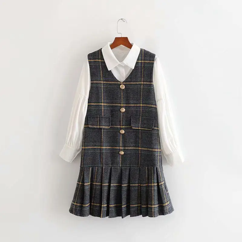 

2019 Fashion Fold-down Collar Long Sleeve Single Breasted Shirt V-neck Sleeveless Single-Breasted Pattern Woolen Skirt Set