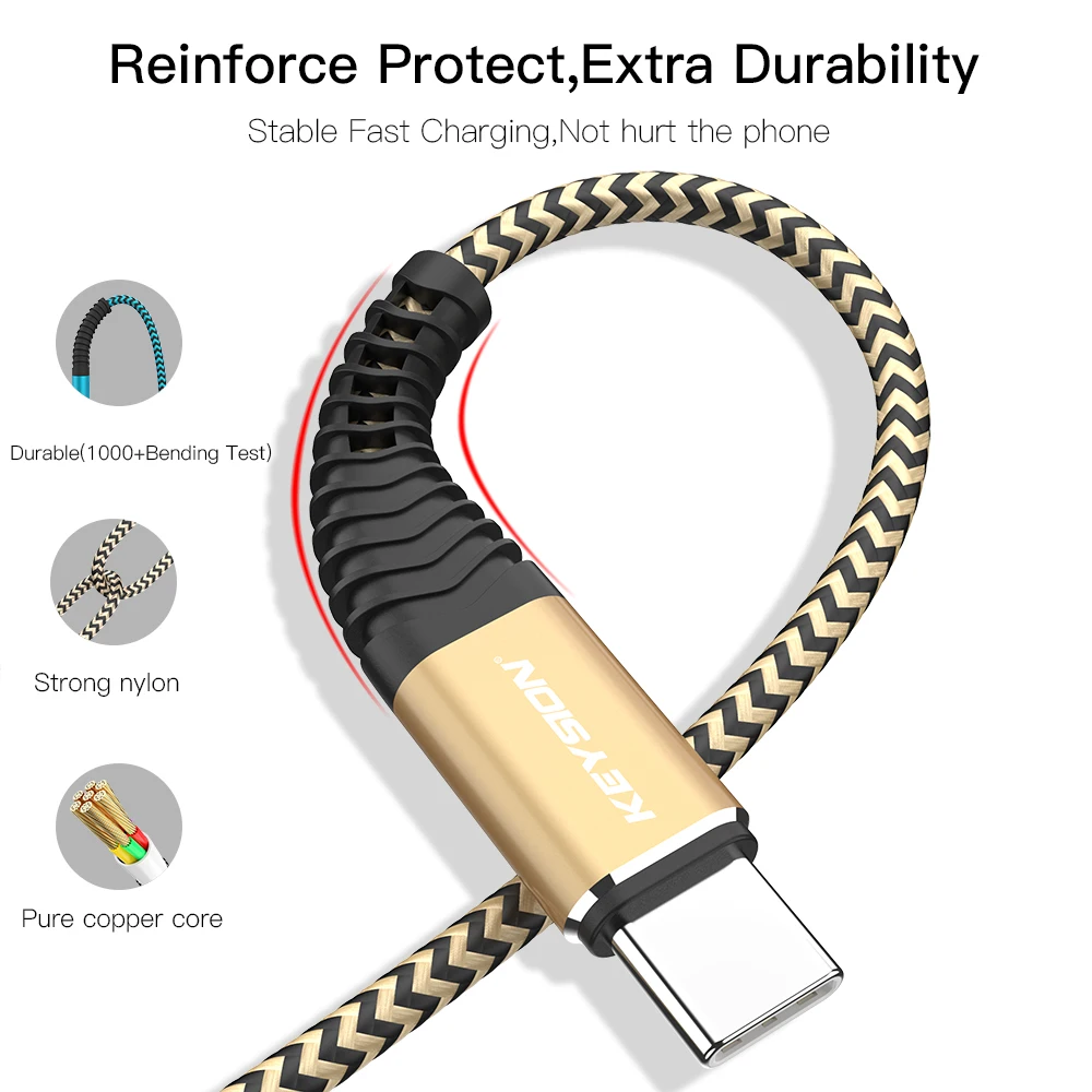 Кабель KEYSION 3.1A для быстрой зарядки USB Type C кабель зарядного устройства
