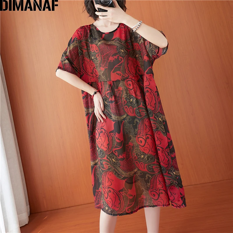 

DIMANAF Plus Size Dress Women Clothing Chiffon Vintage Print Female Vestidos Summer Sundress Thin Loose Elegant Lady Dress 2020