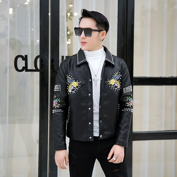 

Rivet decoration Punk stage Casual Chaqueta De Cuero Moto 2020 Black Leather Mens Bomber Jackets PU Man