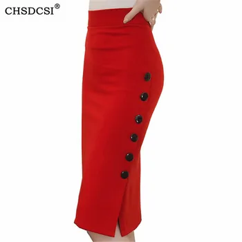 

CHSDCSI Plus Size Fashion Women Work Midi Skirt Sexy Open Slit Button Slim Pencil Skirt Elegant Office Ladies Skirts Red Black
