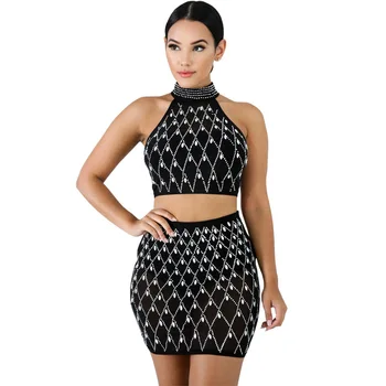 

Sexy Dance Two Piece Set Top and Skirt Women Clothing 2020 Summer Dot Sexy Club Pullover Halter T-shirt Above Knee Mini Skirt