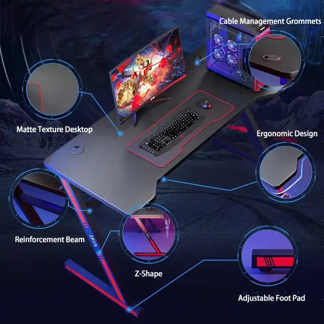Escritorio ergonómico para juegos de 47/55 pulgadas con luz LED RGB, mesa de ordenador para deportes electrónicos, mesa para PC, estación de trabajo con portavasos USB 3