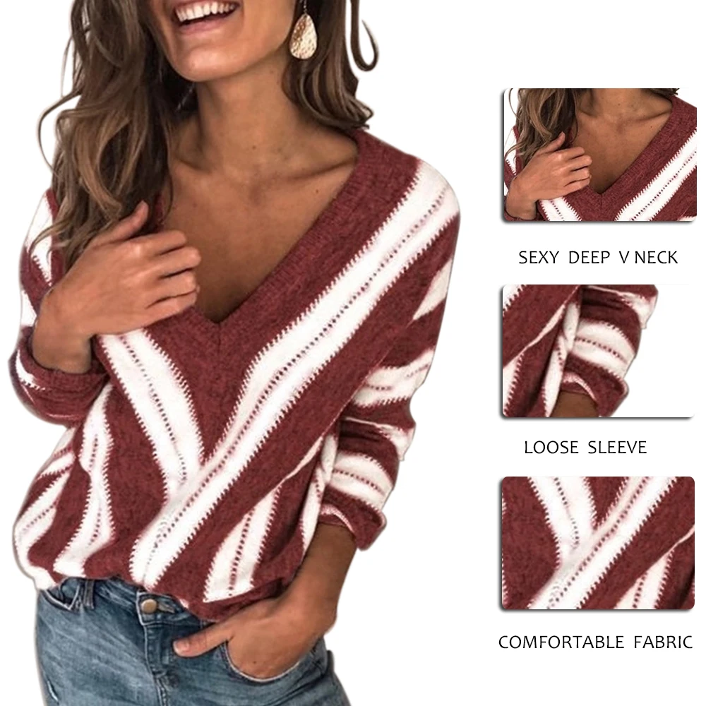 S-5XL, женская блузка, глубокий v-образный вырез, полосатый тонкий свитер, осенняя трикотажная одежда, топы, Повседневная рубашка с длинным рукавом, джемпер, пуловер, женские блузки