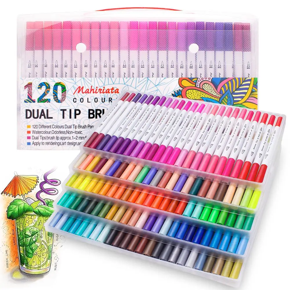 Online Dual Tip Kunst Marker 60 100 120 Farben Kalligraphie Aquarell Pinsel Pen Set für Erwachsene Colouring Bücher Kugel Journal