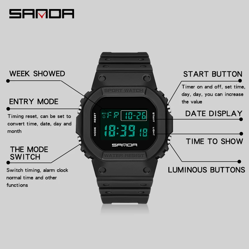 SANDA G Style Digital Watch Men Outdoor Waterproof Sports Wrist Watches For Men Running Stopwatch Military LED Electronic Clock 5