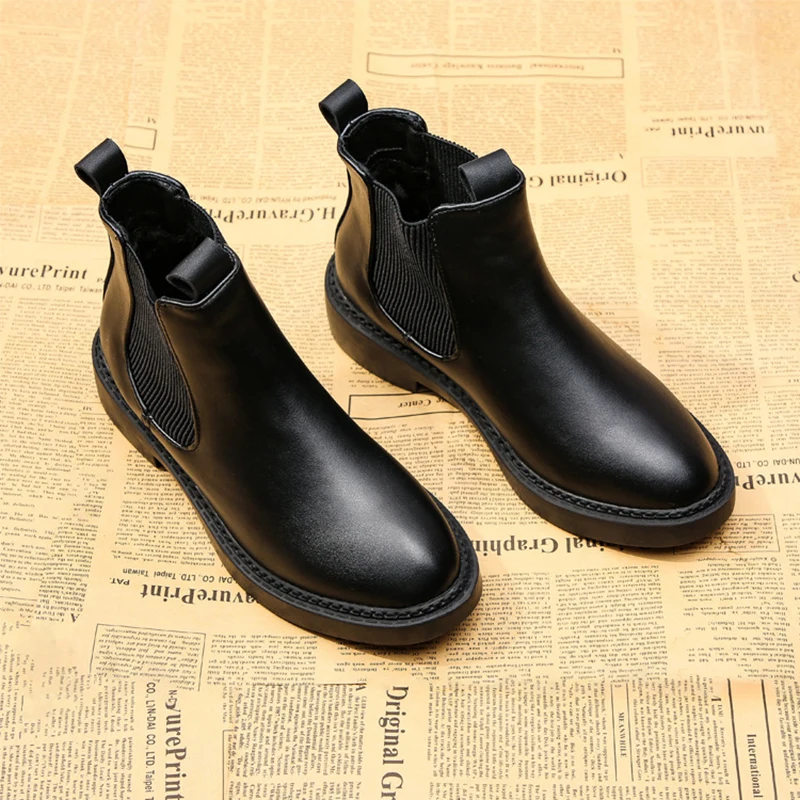 

Brief chelsea boots woman student flats ankle botas black round toe comfy short botines fashion winter warm plush footwear femme