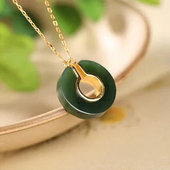 

Real Pure 925 Sterling Silver Gold-Plated Fashion Women Necklace vintage Round Pendant Necklace Jade Jasper Fine Jewelry