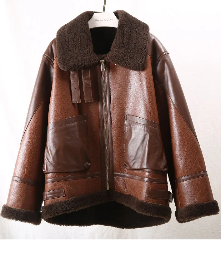 Winter Lamb Fur Bomber Real leather Jacket Women New Sheepskin Double Face Shearling Coat Oversized Genuine Leather Jackets