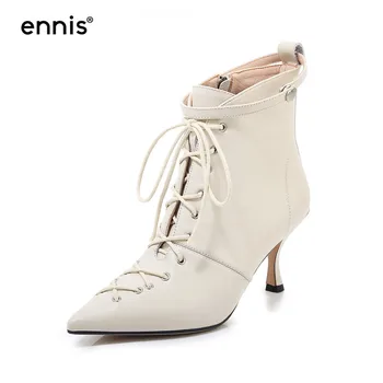 

ENNIS Brand Women High Heel Boots Pointed Toe Stiletto Ankle Boots Genuine Leather Black Boots Zipper Shoes Ladies Fashion A9284