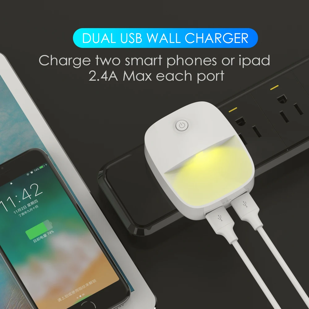 HKHUIBANG Dual USB Зарядное устройство для Xiaomi huawei samsung iPhone стены Зарядное устройство с функцией ночного светодиодный звук Сенсор Управление адаптер для путешествий