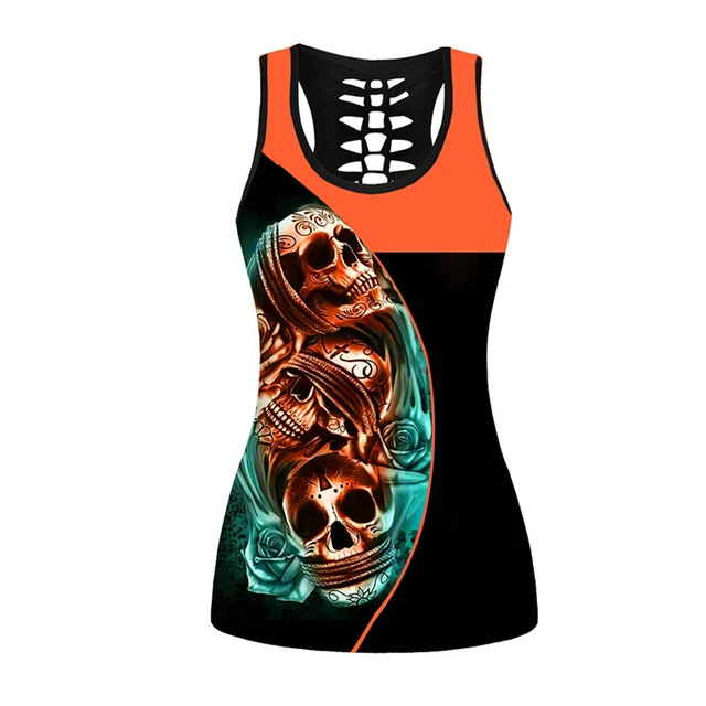 Summer Women Sport Vest Flower Skull 3D Print Yoga Shirt Quick Dry Gym Running Shirt Fitness