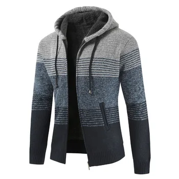 

Sweater Coat Men 2020 Winter Thick Warm Hooded Cardigan Jumpers Men Striped Wool Liner Zipper Fleece Coats Men