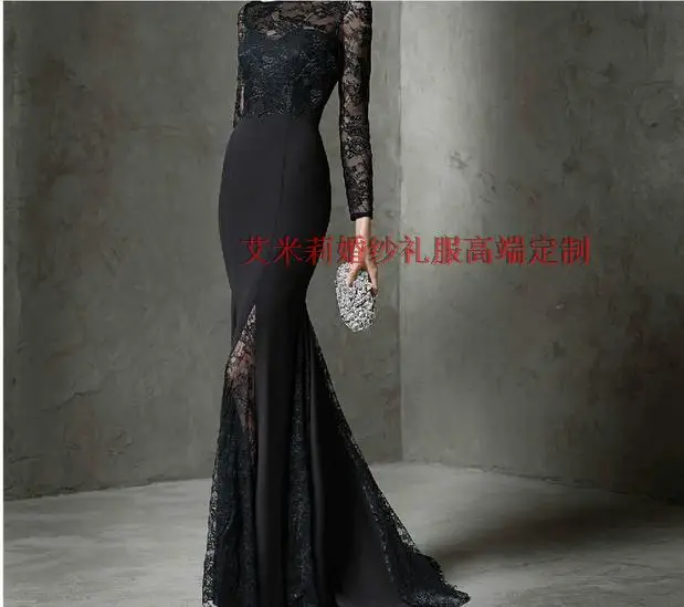 

sexy backless 2018 long sleeve black lace vestido de festa floor-length mermaid Formal Evening gown mother of the bride dresses