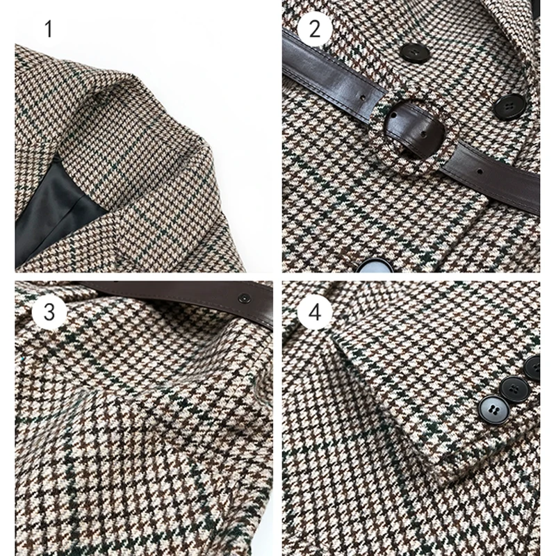 Vintage Plaid Women Blazer Jacket Sashes Belted Female Suit Coat Notch Collar Pockets Blend Coat Jacket Femme