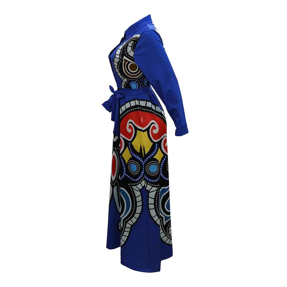 Fadzeco женская рубашка в африканском стиле с длинными рукавами, элегантные сексуальные платья с цветочным принтом и пуговицами, Повседневные Вечерние платья макси с поясом