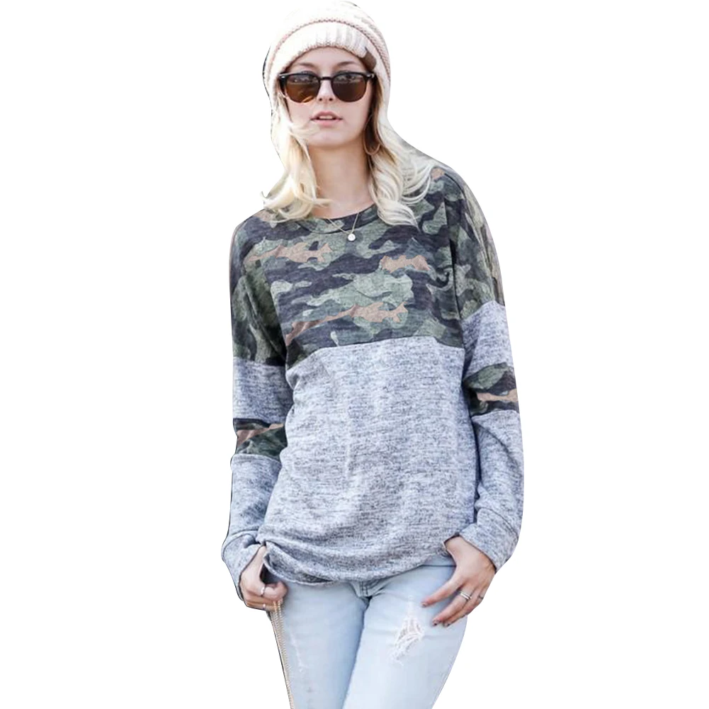 

Women Tops Gift Adult Charming Party Camouflage Long Sleeve Casual Crew Neck Patchwork Autumn Loose Spring Pullover