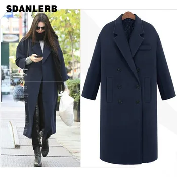 

2019 European and American Autumn and Winter Fashion Trim Double-row Buckle Wool Coat Plus Thick Warm Coats Woman Woolen Coat