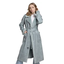 Новая осенняя и зимняя Длинная женская куртка из искусственного меха и кожи с поясом Женское пальто верхняя одежда