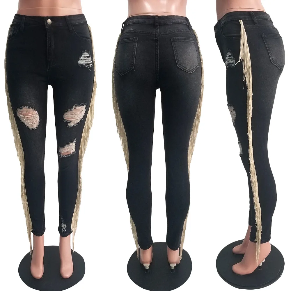 Кисточки женские отверстия деним узкие джинси эластичная высокая талия тонкие брюки карандаш плюс размер брюки