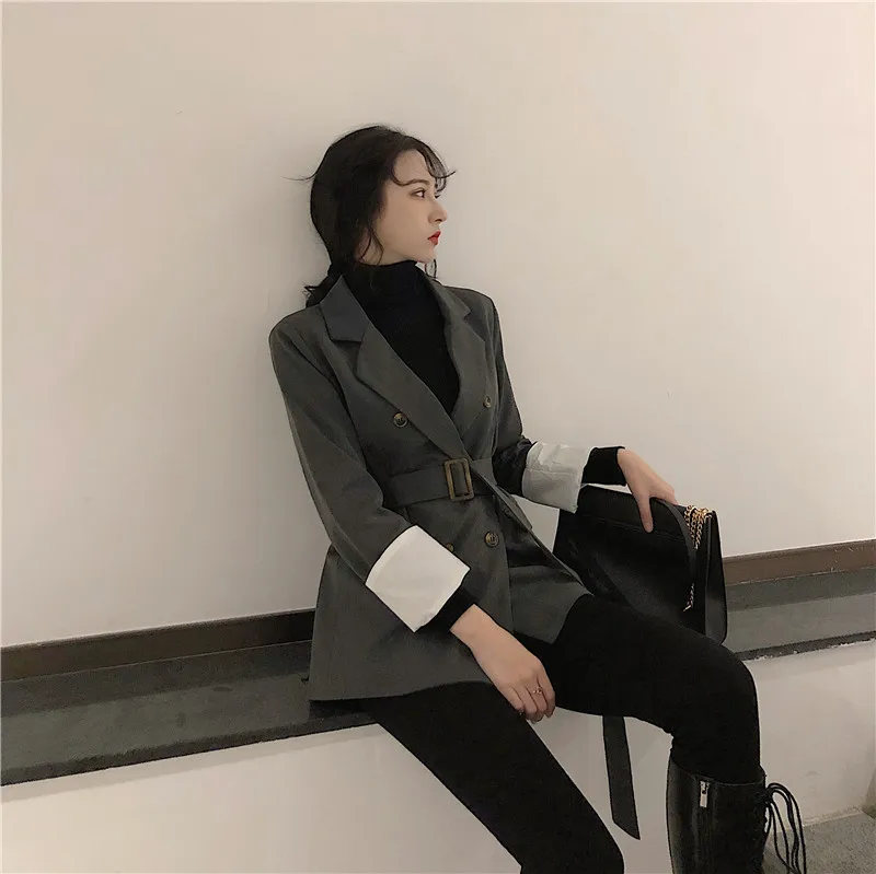 Корейский женский негабаритный блейзер тонкий черный пиджак и куртки Femme Tie Up Chaqueta Mujer Bleiser Feminino