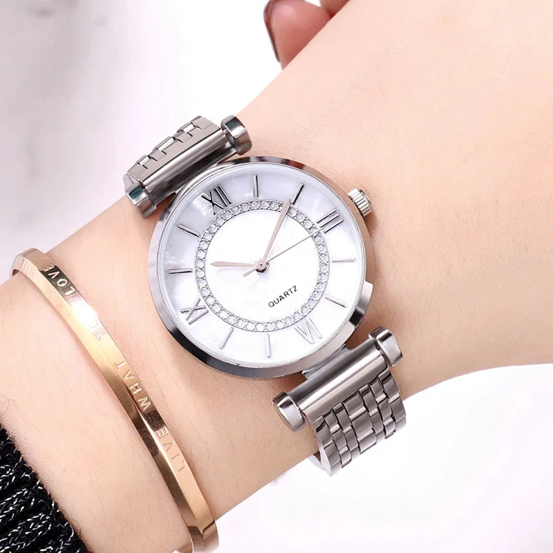 

Luxury Crystal Silver Women Bracelet Watches Top Brand Fashion Casual Quartz Full Steel Round Dial Waterproof Female Wristwatch