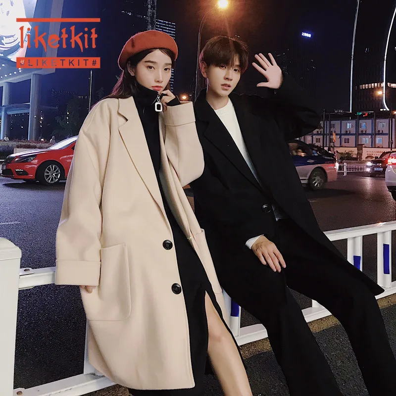 Liketkit, мужской Тренч, пальто, зима, мужской, однотонный, корейский стиль, для пары, модное, длинное пальто, мужское, повседневное, толстое, свободное, уличная одежда, осень