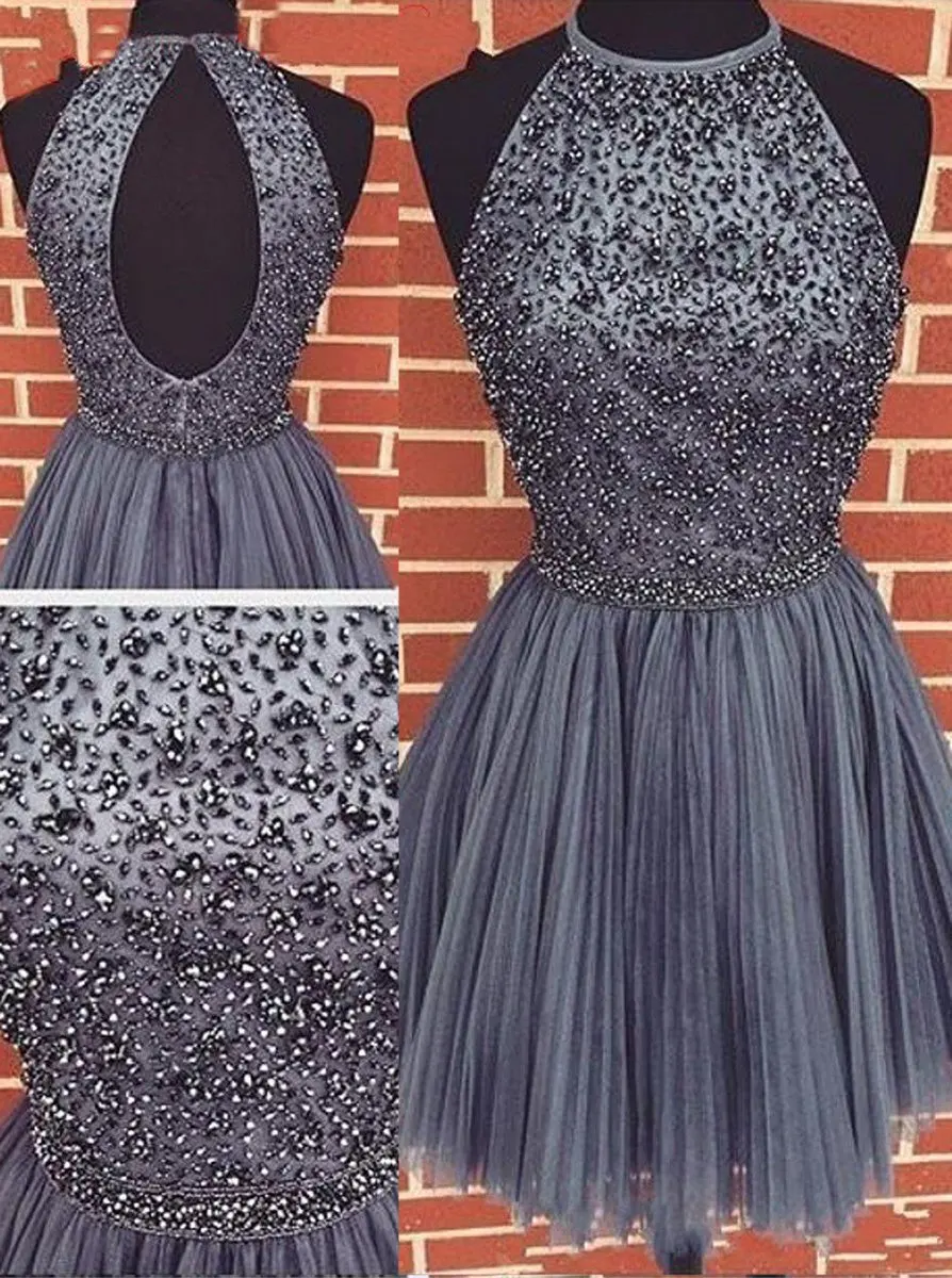 Vestidos de coctail Холтер шеи топы с бисером Тюль Короткие Коктейльные Вечерние, выпускные платья