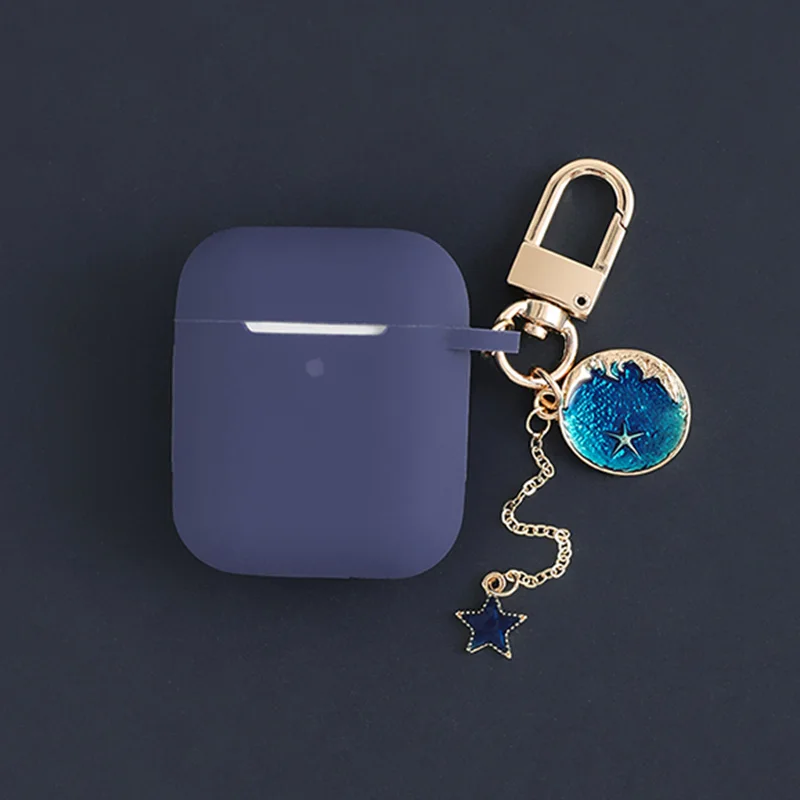 Luxury Cute Moon Cat Girls Key Ring Blue Silicone Case for Apple Airpods Cases Bluetooth Earphone Protective Cover Headset Box