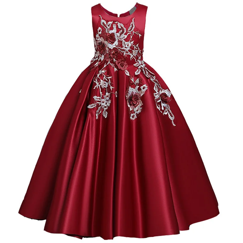 Высококачественное вышитое рождественское платье для девочек-подростков 10, 12, 14 лет, детское свадебное платье с цветами, платье принцессы Одежда для девочек - Цвет: wine red