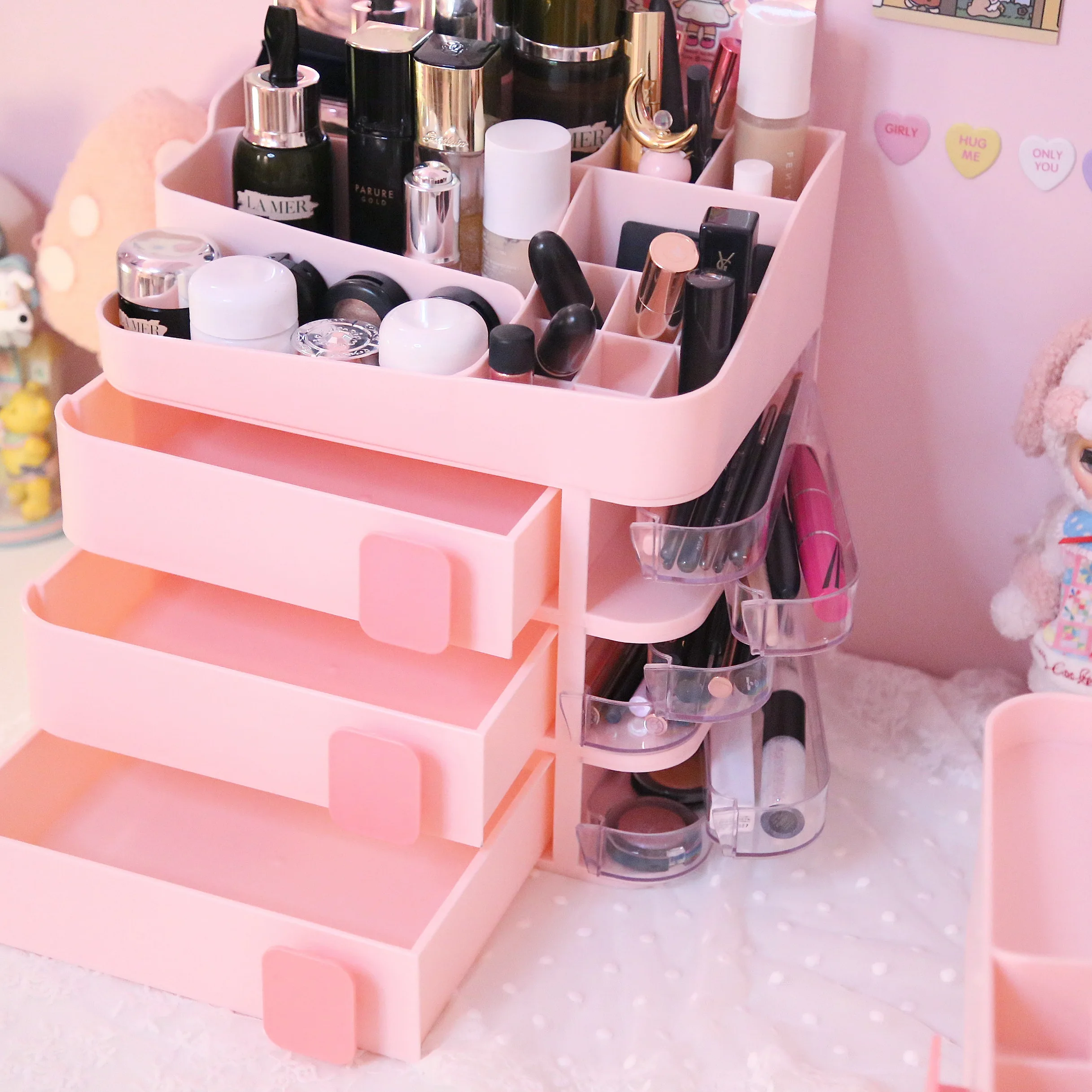  Large Capacity Pink Cosmetic Makeup Organizer Storage Box Drawer Dressing Table Skin Care Rack Hous