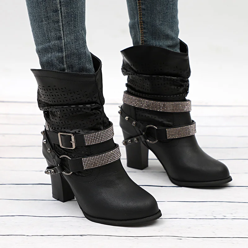

Women Boots Autumn High Heels Shoes Female Rivet Buckle Daily Shoes Short Boots PU Leather Ankle Boots
