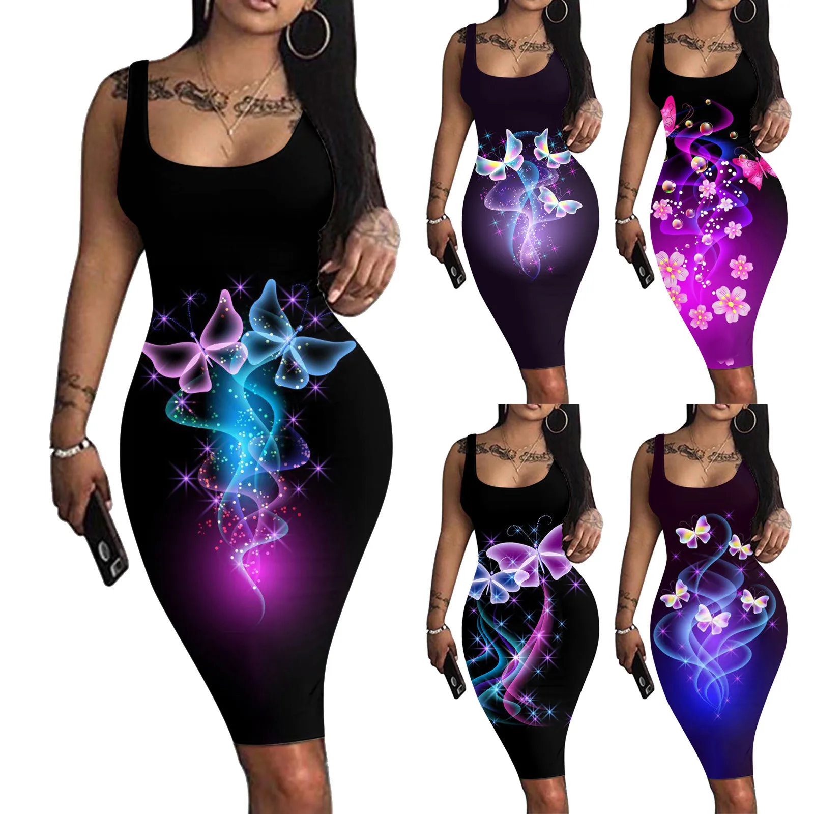 slim-women-work-fit-dress-skirt-hip-fashion-casual-sleeveless-printed