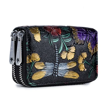 

Retro Women's Accordion Card Holder Wallet Short Genuine Leather Large Capacity Double Zipper Coin Purse Printing Clutch Bag