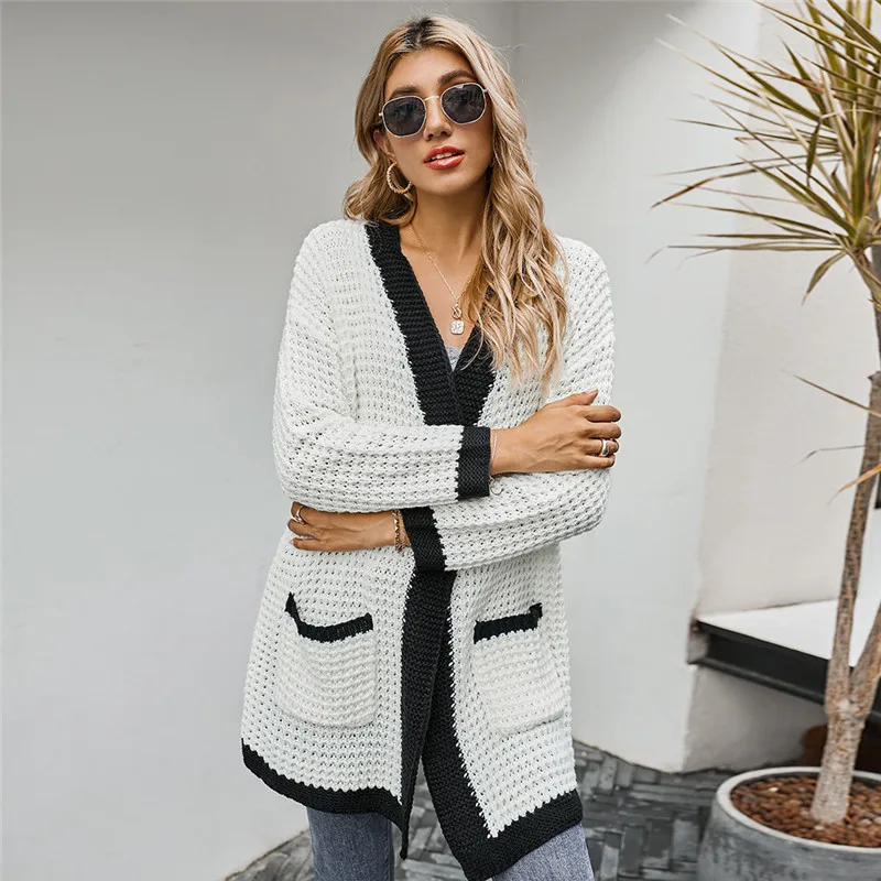 

Winter Long Cardigans Sweater Women Casual Patchwork Color Pockets Knitted Sweater Top For Women 2020 New