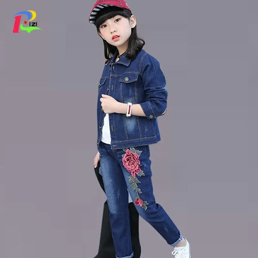 

Autumn Rose Denim Children's Clothing Jacket+Jeans Fashion Girls Clothing Teenage Winter Costumes For Girls 6 8 12 Years