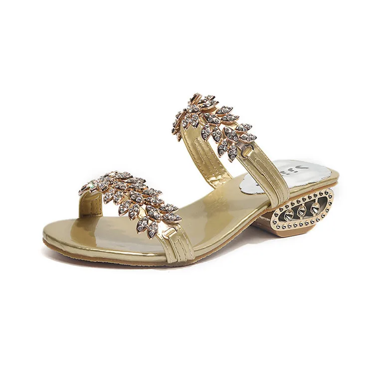 Sexy Rhinestone Women Summer Slippers Low Heel 5CM Fashion Slipper Sandals Ladies Party Wedding Woman Shoes Slides