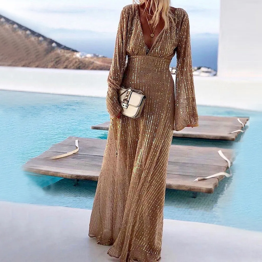 

Deep V-neck Perspective Patchwork Evening Party Dress Women Sexy Vestidos Elegant Ladies Nightclub Dress roupas feminina z0904