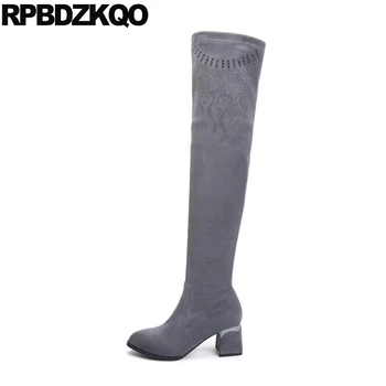 

over the knee chunky shoes fashion gray long rhinestone suede slim thigh women boots tall high heel diamond sheepskin crystal
